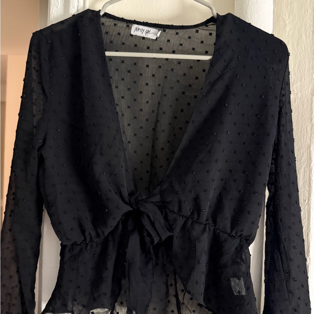 Nasty Gal Black Textured Tie-Front Blouse